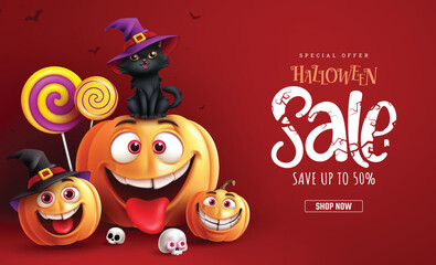 Halloween sale text vector banner design. Halloween special offer discount with pumpkins and cat characters elements for holiday shopping background. Vector illustration promotion advertisement banner