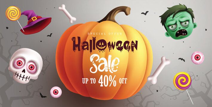 Halloween sale text vector banner design. Halloween special offer shopping discount promo with pumpkin, skull and zombie characters elements for seasonal advertisement. Vector illustration trick 