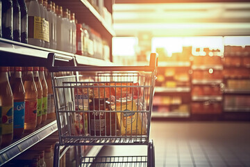 A shopping cart in a grocery store aisle - obrazy, fototapety, plakaty