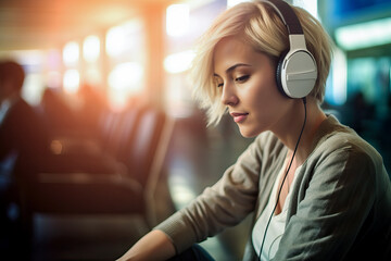 A woman enjoying music on a train ride with her headphones on