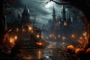 Halloween background with pumpkins and haunted house - 3D render. Halloween background