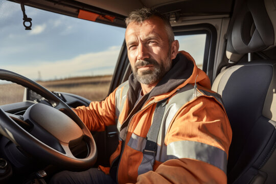 Truck or dump truck driver behind the wheel in the car cabin wearing an orange outfit with reflective stripes.generative ai
