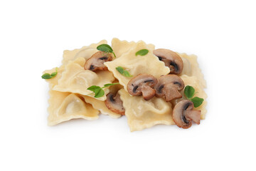 Delicious ravioli with mushrooms isolated on white