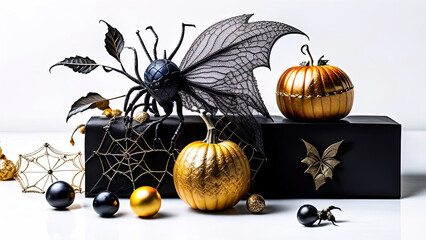 Halloween decor with a spider and a golden pumpkin