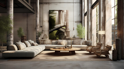 Fototapeta na wymiar Industrial Living Room with Exposed Concrete Pillars