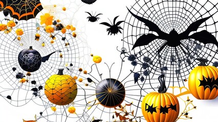 Halloween flatlay with pumpkins, cobweb, and bats