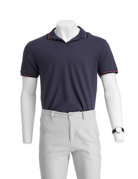 Male mannequin with watch dressed in stylish polo shirt and shorts isolated on white