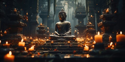 Buddha sculpture,India temple background, generative AI