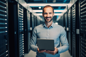 Portrait of IT Specialist Uses tablet in Data Center. Server Farm Cloud Computing Facility with Male Maintenance Administrator Working. Cyber ​​Security and Network Protection. generative ai