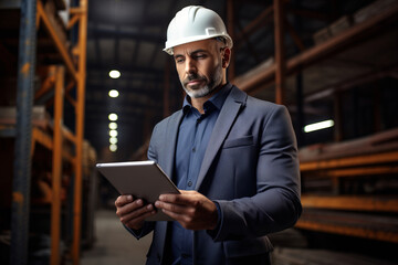 Portrait of a construction manager or supervisor wearing a white protective helmet using a tablet in his hands against the background of a construction site or industrial plant.generative ai
