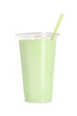 Delicious smoothie in plastic cup isolated on white