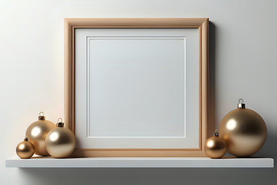 Wooden frame mockup on shelf over white wall with christmas decorations, blank square frame with copy space