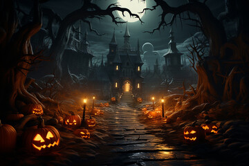 Halloween background with pumpkins and haunted house - 3D render. Halloween background