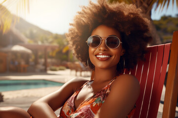Young African woman with glasses on a lounger smiling on vacation wearing a swimsuit smiling at the camera, close up view, with palm tree and swimming pool in the background. generative ai - Powered by Adobe