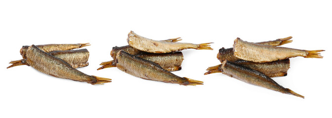 Fototapeta premium Set with smoked sprats isolated on white