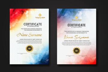 Set modern certificate template with gradation colorful polygon shape ornament