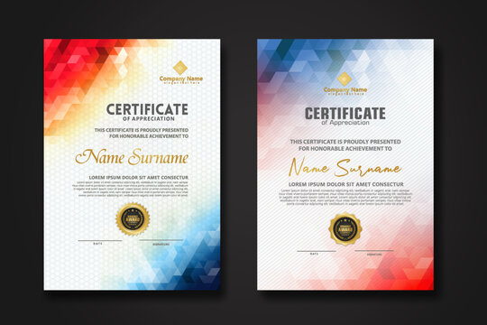 Set modern certificate template with gradation colorful polygon shape ornament