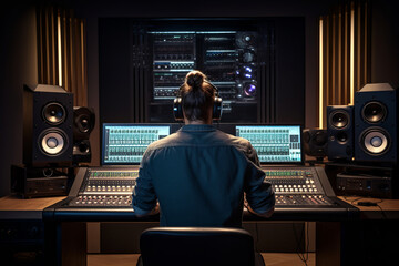 Producer, Audio Engineer uses Control Desk to record a new album track in the Music Record Studio, in the Musician, Artist soundproof room. Back view.generative ai
