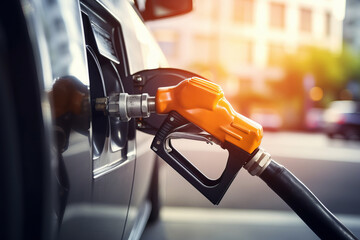 Orange car refueling gun inserted into the fuel tank of a dark car, close up view. Refueling the car.generative ai
