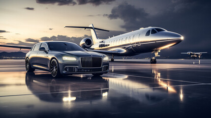 Luxury car on the tarmac with a private jet in the distance  - obrazy, fototapety, plakaty