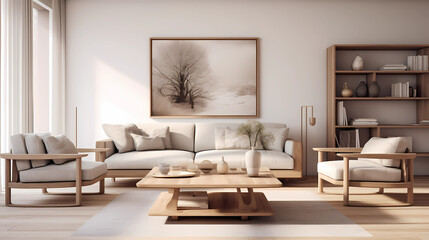 Scandinavian Living Room with Neutral Tones and Wooden Furniture