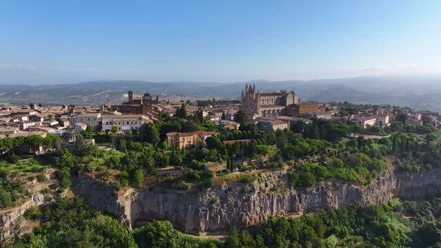 Orvieto historical hilltop Old town, aerial view of the medieval walls and towers of the city, Umbria, Italy