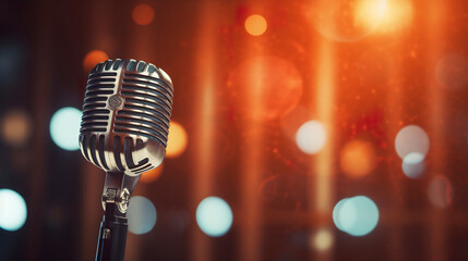 Close-up view of vintage microphone with blurred stage lights in the background. Close-up view of retro microphone on empty stage. - obrazy, fototapety, plakaty