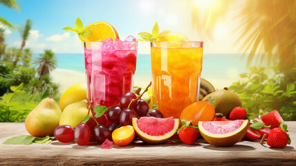 Fototapeta premium photo a front view fresh fruit cocktails with fresh fruit slices ice cooling on blue drink juice