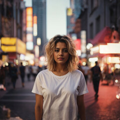 Portrait of female model  with whit t-shirt in city
