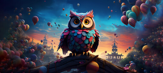 Owl on a background of multi-colored balloons. Banner. Wallpaper. Copy space. Generated AI. Edited in Photoshop