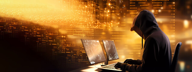 Cybersecurity. Save your money. Data protection. Earning money online. Gold. Banner. Copy space. Generated AI. Edited in Photoshop.