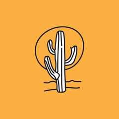 Abstract hand drawn cactus with sun vector art isolated on yellow background