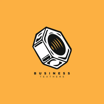 Workshop mechanic bolt or nut logo design vector isolated on yellow background
