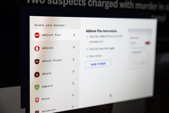 BELGRADE, SERBI - SEPTEMBER 18, 2023: Selective blur on an anti adblock application on a website asking user to disable their adblocking extension to get access to a website content.