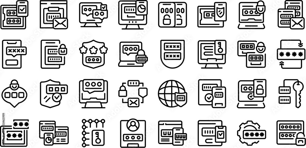 Poster multi factor authentication icons set outline vector. laptop security. web computer