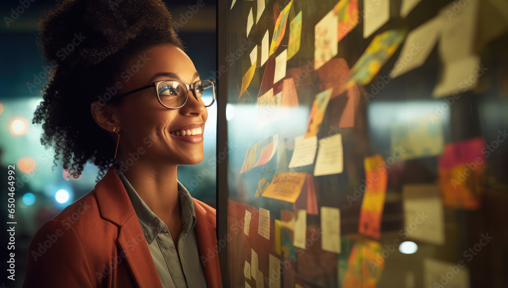 Wall mural a smiling business woman with glasses looking at a board of sticky notes