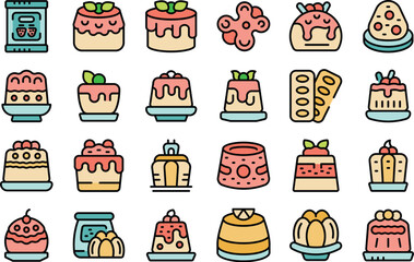 Gelatin icons set outline vector. Health dessert. Delicious kids thin line color flat on white isolated