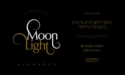 Moonlight premium luxury elegant alphabet letters and numbers. Elegant wedding typography classic serif font decorative vintage retro. Creative vector illustration