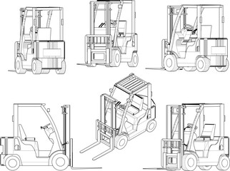 Vector sketch illustration of car design, heavy equipment forklift for lifting goods