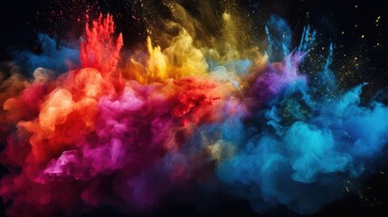 Obraz na płótnie Canvas Colored powder explosion abstract closeup of dust splash on black backdrop.