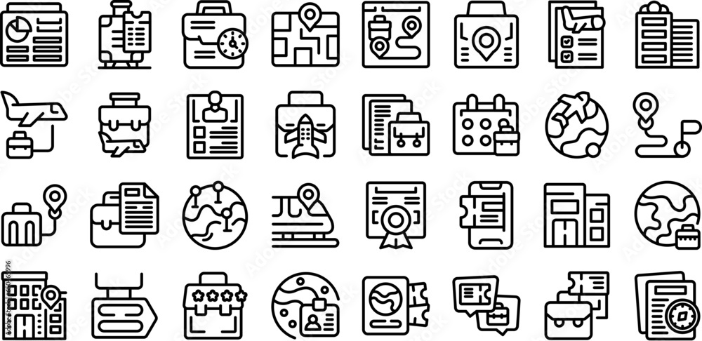 Wall mural business trip icons set outline vector. airport trip. luggage man