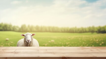 Empty wooden table top with blurred sheep farm and daylight background.