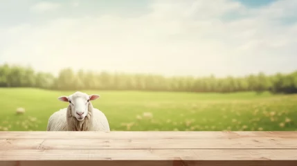 Foto op Canvas Empty wooden table top with blurred sheep farm and daylight background. © morepiixel
