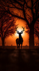 Fototapeta na wymiar silhouette of male deer in the dreamy deep forest in the misty morning, giant trees, river, reflection, ray of light, dramatic light and shadows, hyper realistic photo.