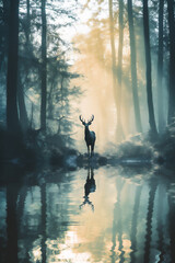 silhouette of male deer in the dreamy deep forest in the misty morning, giant trees, river, reflection, ray of light, dramatic light and shadows, hyper realistic photo.