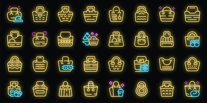 Beach bag icons set outline vector. Summer fashion. Clothes travel neon color on black isolated
