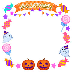 Obraz premium ハロウィンのフレーム 飾り枠 カボチャとお化けとお菓子