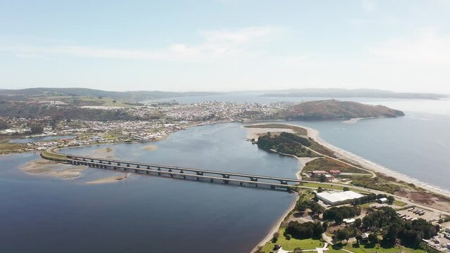 Aerial view of Puente Pudeto over Rio Pudeto, Ancud, Chiloe Island, Chile
