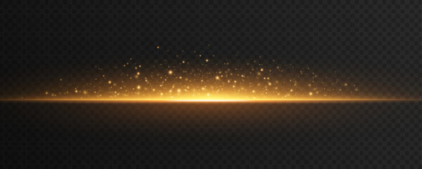 Sparkling backlight isolated on dark transparent background. Bright golden flash with dynamic magical particles. Magic light effect. Vector illustration.