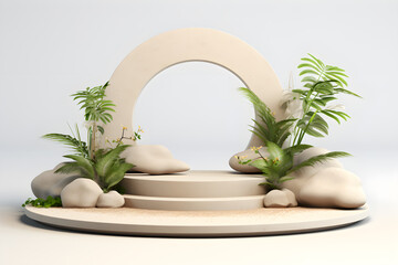 Tropical plants green trees with Stone podium rock platform with 3d for display minimal product presentation cosmetics products, Empty stage showcase design, ai generate